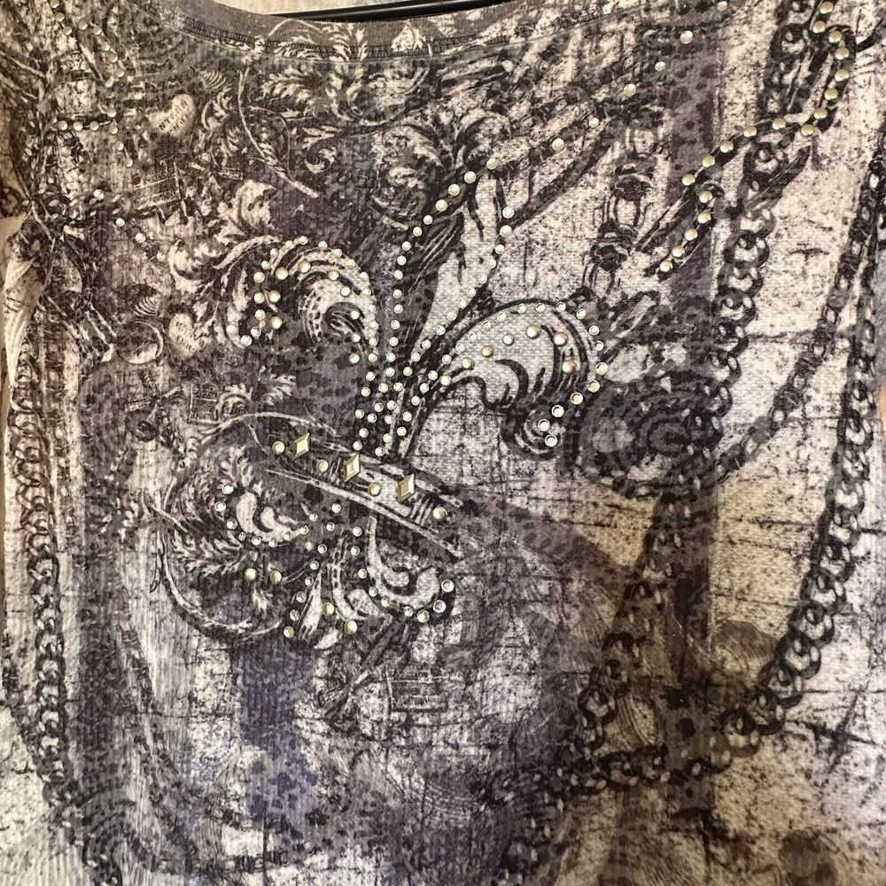 Cache Y2K White Long Sleeve Black Blue Tribal Rhinestone Waffle Knit Henley M - Picture 5 of 11